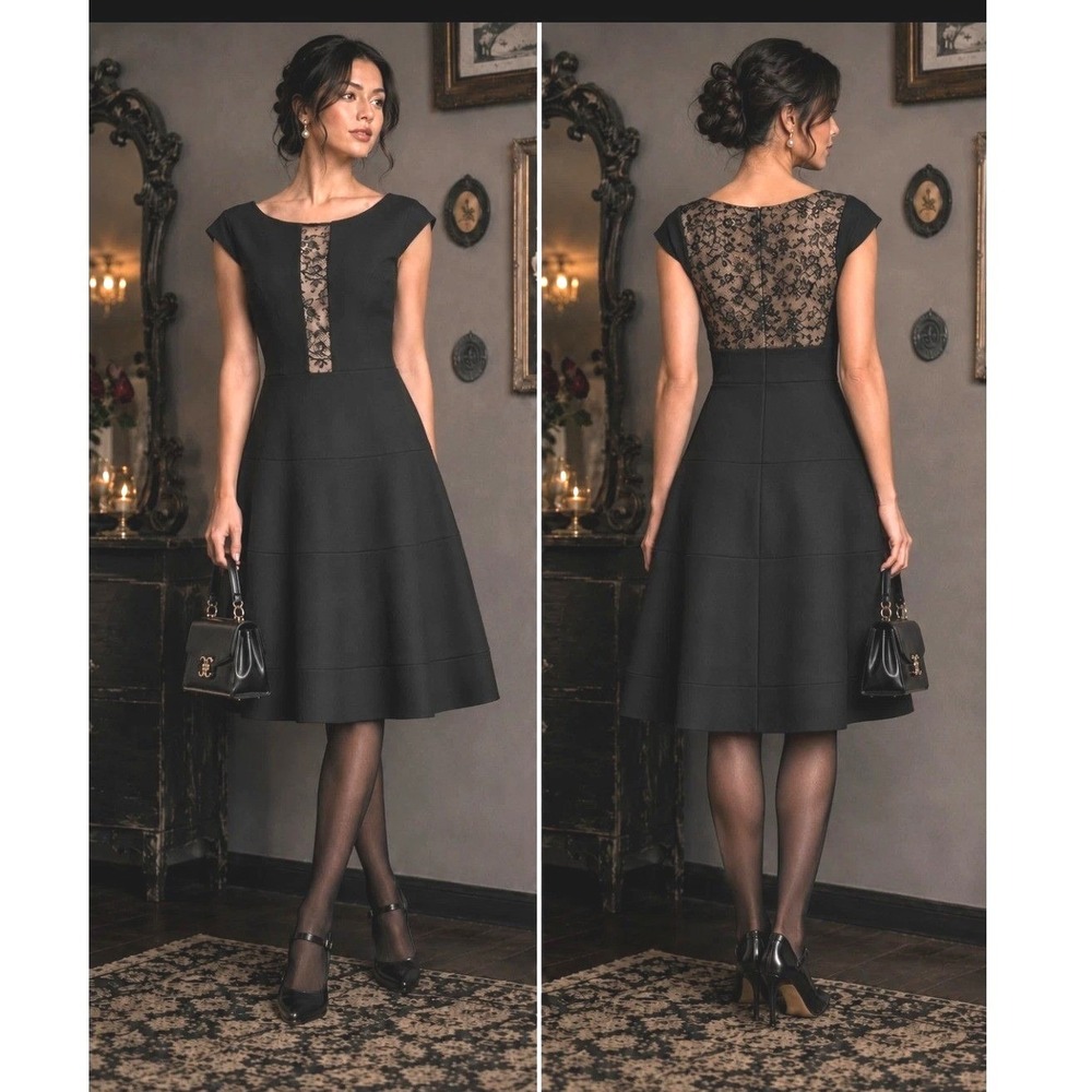Women's Betsey Johnson Black Cocktail Cap Sleeve Dress with Lace Cutout‎ Size 4
